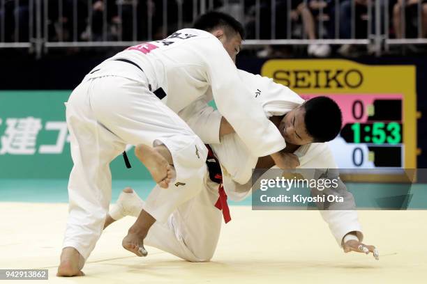 Soichi Hashimoto competes against Masashi Ebinuma in the Men's -73kg final match on day one of the All Japan Judo Championships by Weight Category at...