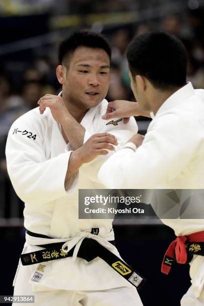 Masashi Ebinuma competes against Soichi Hashimoto in the Men's -73kg final match on day one of the All Japan Judo Championships by Weight Category at...