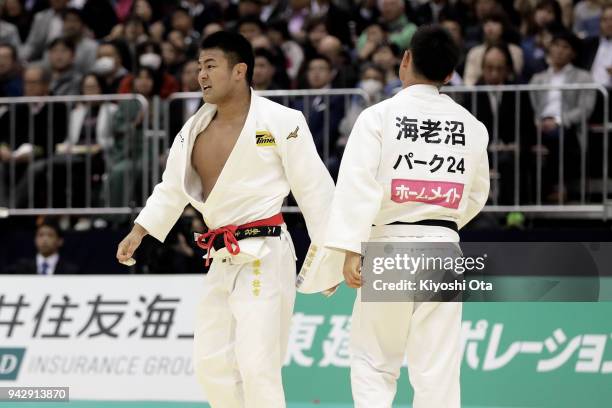 Soichi Hashimoto reacts after defeating Masashi Ebinuma in the Men's -73kg final match on day one of the All Japan Judo Championships by Weight...