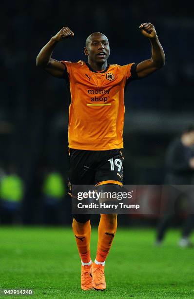 Benik Afobe of Wolverhampton Wanderers celebrates victory during the Sky Bet Championship match between Cardiff City and Wolverhampton Wanderers at...