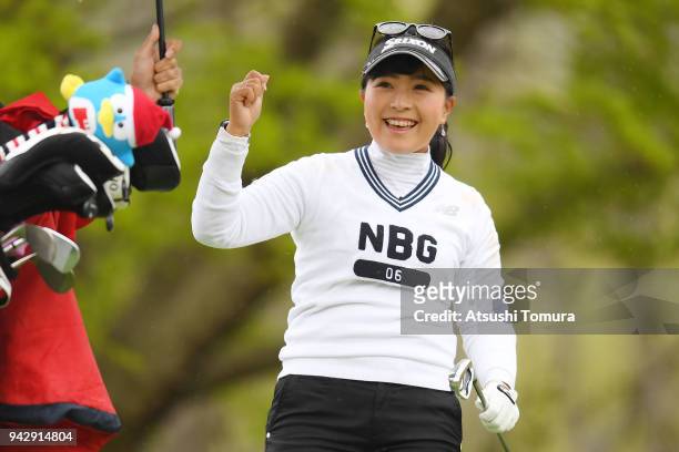 Serena Aoki of Japan smiles during the second round of the Studio Alice Ladies Open at the Hanayashiki Golf Club Yokawa Course on April 7, 2018 in...