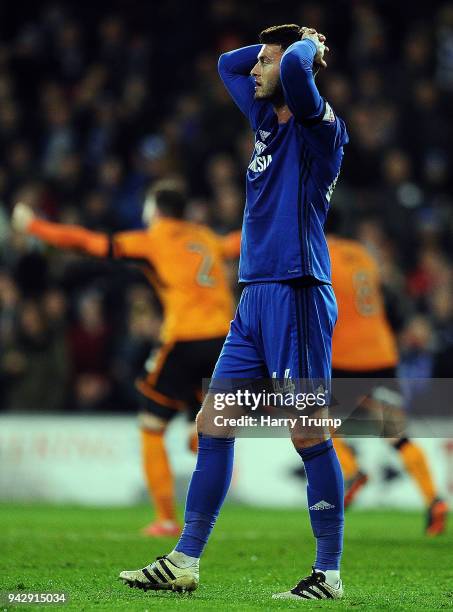 Gary Madine of Cardiff City reacts at the final whistle during the Sky Bet Championship match between Cardiff City and Wolverhampton Wanderers at the...