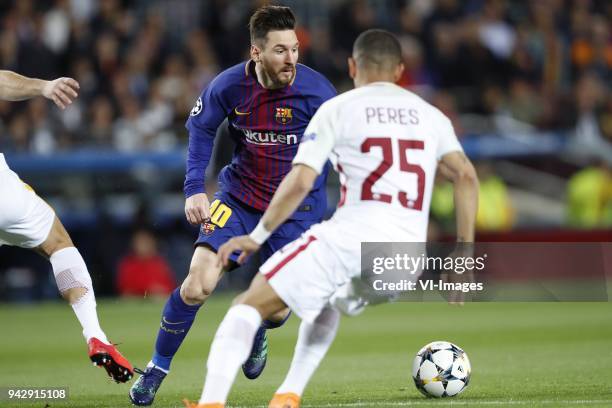 Lionel Messi of FC Barcelona, Bruno Peres of AS Roma during the UEFA Champions League quarter final match between FC Barcelona and AS Roma at the...