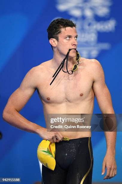 Jack Cartwright of Australia looks on following the Men's 100m Freestyle Semifinal 1 on day three of the Gold Coast 2018 Commonwealth Games at Optus...