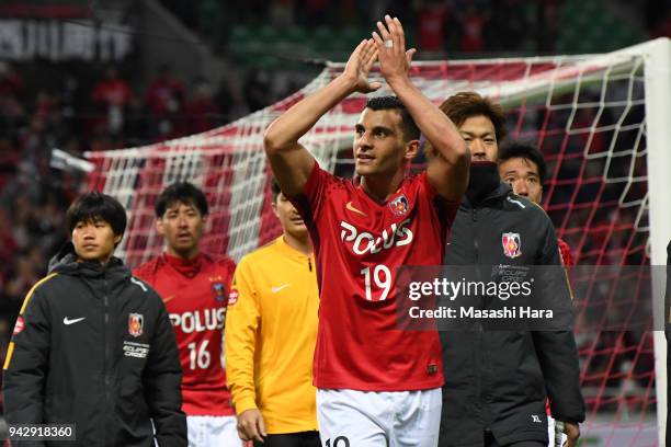 Andrew Nabbout of Urawa Red Diamonds celebrates the win after the J.League J1 match between Urawa Red Diamonds and Vegalta Sendai at Saitama Stadium...