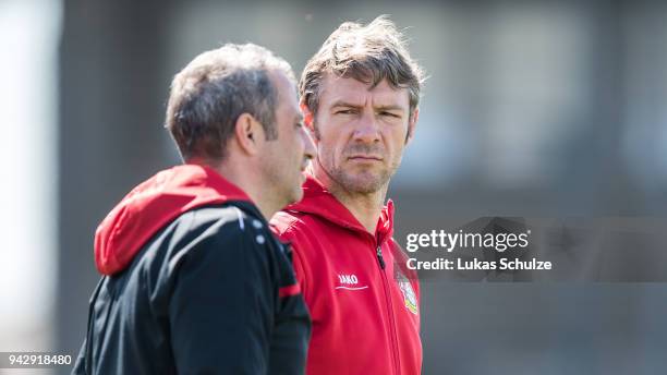 Markus von Ahlen and Head Coach Iraklis Metaxas of Leverkusen are seen during the A Juniors Bundesliga match between Borussia Dortmund and Bayer...