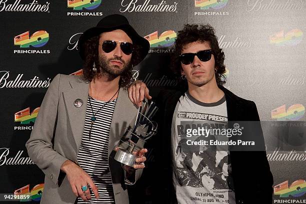 Jose Micguel Conejo and Ruben Pozo from spanish band Pereza attend 40 Principales Awards winners and performers photocall at Sports Palace on...
