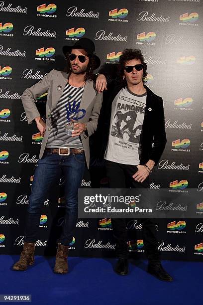 Jose Micguel Conejo and Ruben Pozo from spanish band Pereza attend 40 Principales Awards winners and performers photocall at Sports Palace on...