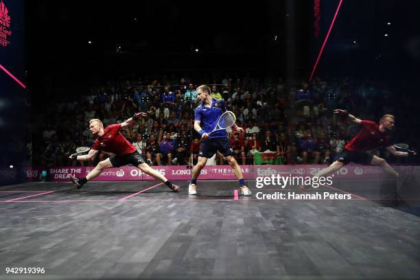 Joel Makin of Wales plays a forehand during his Men's Singles Quarter Final match against Alan Clyne of Scotland on day three of the Gold Coast 2018...