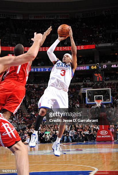 Allen Iverson of the Philadelphia 76ers shoots against the Houston Rockets during the game on December 11, 2009 at the Wachovia Center in...