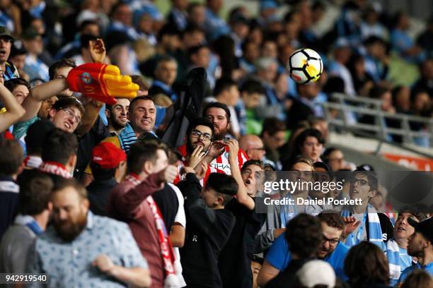 Melbourne City fans hit the ball around the crowd during the round 26 A-League match between Melbourne City and the Central Coast Mariners at AAMI...