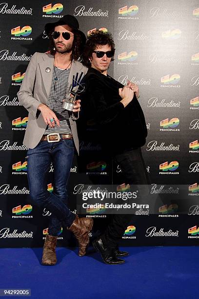 Jose Micguel Conejo and Ruben Pozo from spanish band Pereza attend 40 Principales Awards winners and performers photocall at Sports Palace on...