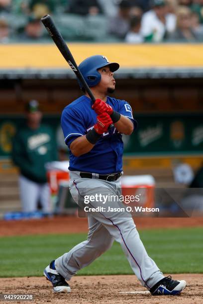 Juan Centeno of the Texas Rangers at bat against the Oakland Athletics during the fifth inning at the Oakland Coliseum on April 5, 2018 in Oakland,...