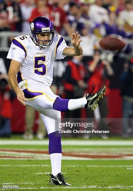 Punter Chris Kluwe of the Minnesota Vikings kicks the ball during the NFL game against the Arizona Cardinals at the Universtity of Phoenix Stadium on...