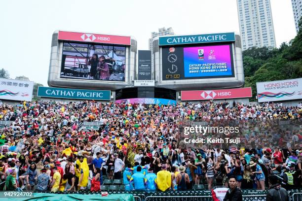 Rugby fans pack the South Stand of the Hong Kong Stadium during the second day of the Hong Kong Sevens on April 7, 2018 in Hong Kong.