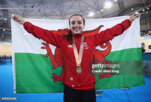 Gold medalist Elinor Barker of Wales celebrates during the medal ceremony for the Women's 25km Points Race Finalson day three of the Gold Coast 2018...