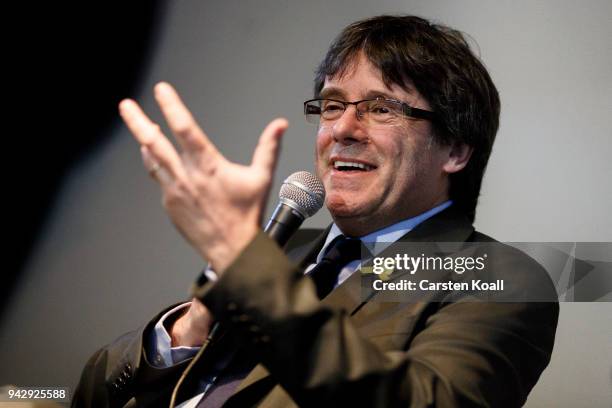 Catalan separatist leader Carles Puigdemont speaks to the media the day after his release from a German prison on April 7, 2018 in Berlin, Germany....