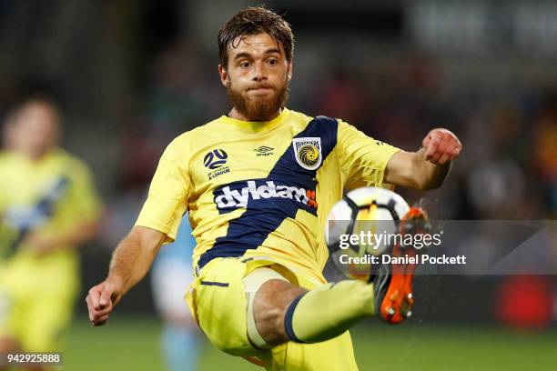 Liam Rose of Central Coast Mariners kicks the ball during the round 26 A-League match between Melbourne City and the Central Coast Mariners at AAMI...