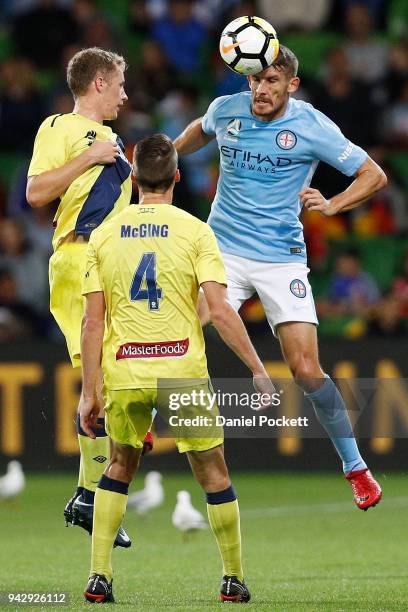 Dario Vidosic of Melbourne City heads the ball during the round 26 A-League match between Melbourne City and the Central Coast Mariners at AAMI Park...