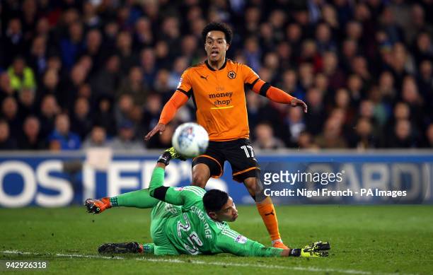 Wolverhampton Wanderers' Helder Costa shoots wide as Cardiff City goalkeeper Neil Etheridge attempts to stop the ball during the Sky Bet Championship...