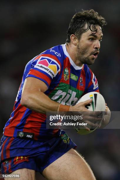 Aiden Guerra of the Knights in action during the round five NRL match between the Newcastle Knights and the Brisbane Broncos at McDonald Jones...