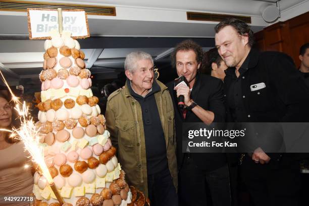 Director Claude Lelouch, Nicolas MereauÊand Gilles Le Bihan and a guest attend the the Nicolas Mereau Birthday Party At Club 13 on April 6, 2018 in...