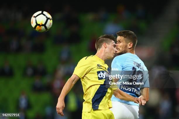 Dario Vidosic of Melbourne City heads the ball during the round 26 A-League match between Melbourne City and the Central Coast Mariners at AAMI Park...