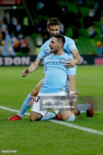 Bruno Fornaroli of Melbourne City celebrates his goal during the round 26 A-League match between Melbourne City and the Central Coast Mariners at...