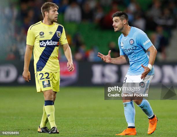 Bruno Fornaroli of Melbourne City reacts during the round 26 A-League match between Melbourne City and the Central Coast Mariners at AAMI Park on...