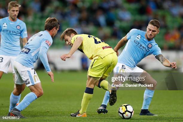 Jacob Melling of Central Coast Mariners passes the ball behind during the round 26 A-League match between Melbourne City and the Central Coast...