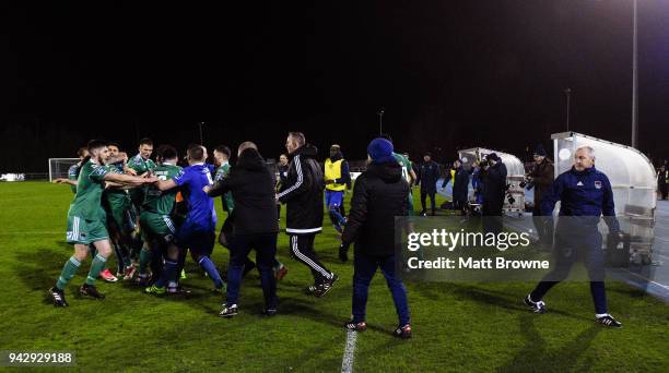 Waterford , Ireland - 6 April 2018; Waterford FC and Cork City players tussle during the SSE Airtricity League Premier Division match between...