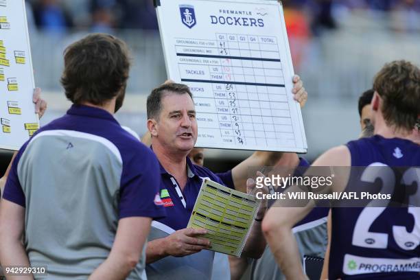 Ross Lyon, Senior Coach of the Dockers, addresses the players at the quarter time break during the round three AFL match between the Gold Coast Suns...