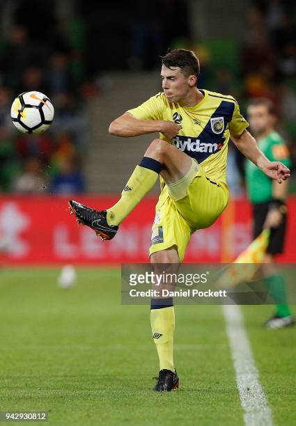 Jake McGing of Central Coast Mariners kicks the ball during the round 26 A-League match between Melbourne City and the Central Coast Mariners at AAMI...