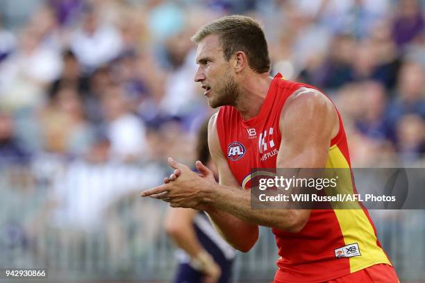 Sam Day of the Suns celebrates after scoring a goal during the round three AFL match between the Gold Coast Suns and the Fremantle Dockers at Optus...