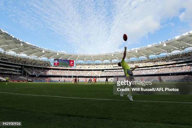 Line umpire throws the ball into play during the round three AFL match between the Gold Coast Suns and the Fremantle Dockers at Optus Stadium on...