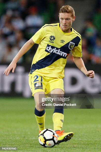 Kye Rowles of Central Coast Mariners passes the ball during the round 26 A-League match between Melbourne City and the Central Coast Mariners at AAMI...