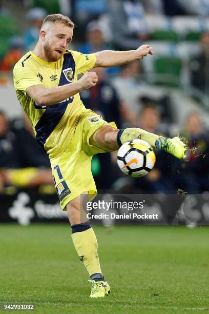 Connor Pain of Central Coast Mariners kicks at goal during the round 26 A-League match between Melbourne City and the Central Coast Mariners at AAMI...