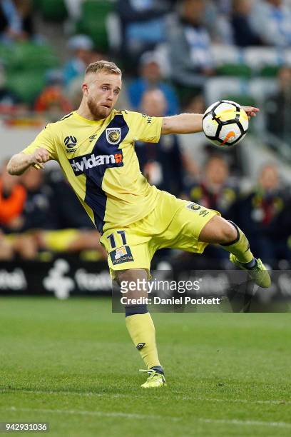 Connor Pain of Central Coast Mariners kicks at goal during the round 26 A-League match between Melbourne City and the Central Coast Mariners at AAMI...