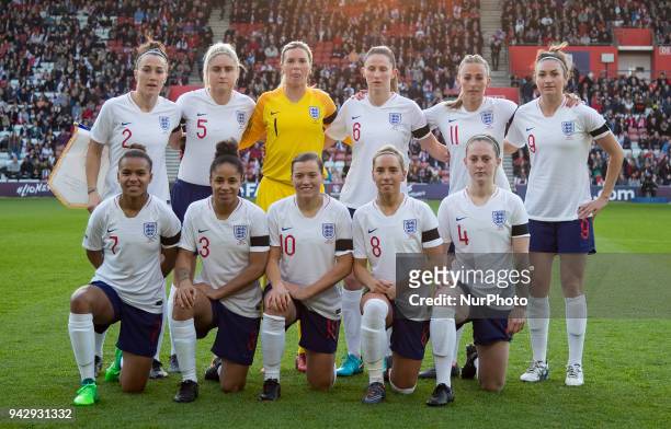 Back Row; Lucy Bronze, Steph Houghton, Carly Telford, Abbie McManus, Toni Duggan and Jodie Taylor of England Women Front Row: Nikita Parris, Demi...