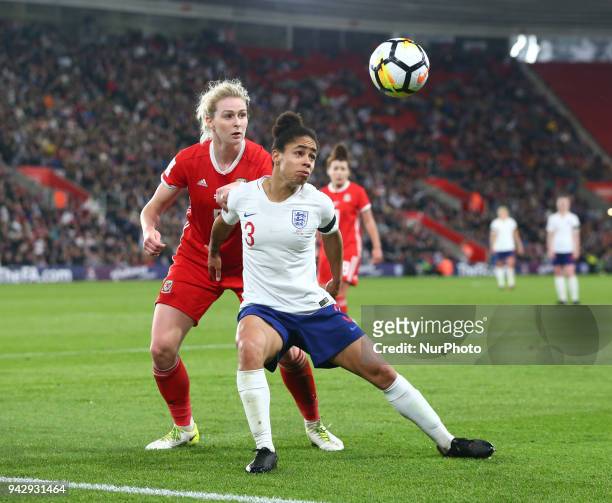 Demi Stokes of England Women under pressure from Rhiannon Roberts of Wales Women during 2019 FIFA Women's World Cup Group 1 qualifier match between...