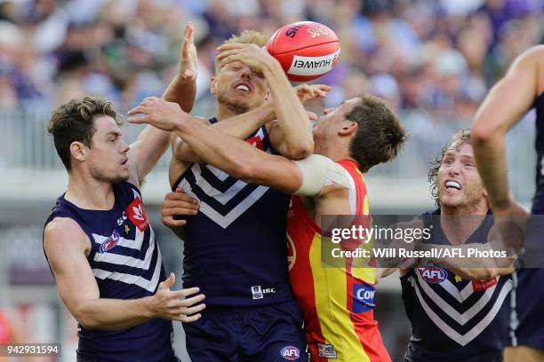 Tom Sheridan of the Dockers tries to mark during the round three AFL match between the Gold Coast Suns and the Fremantle Dockers at Optus Stadium on...