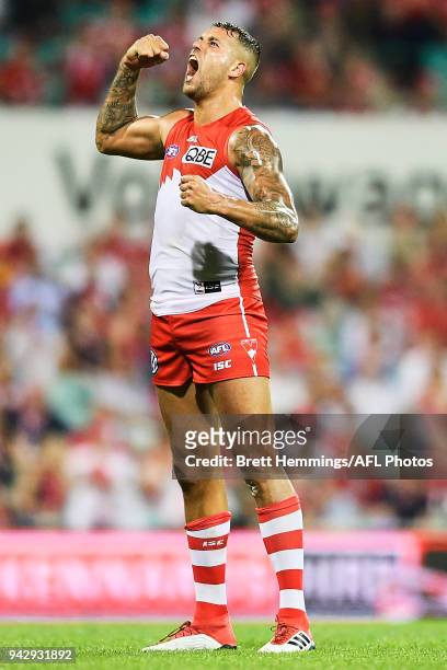 Lance Franklin of the Swans celebrates kicking a goal during the round three AFL match between the Sydney Swans and the Greater Western Sydney Giants...