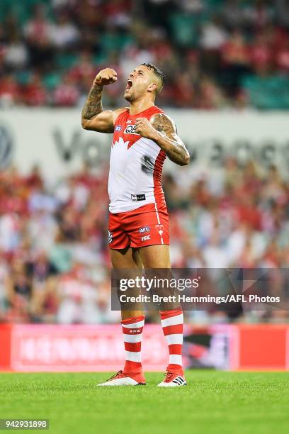 Lance Franklin of the Swans celebrates kicking a goal during the round three AFL match between the Sydney Swans and the Greater Western Sydney Giants...