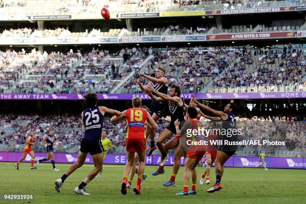 Luke Ryan of the Dockers takes an overhead mark during the round three AFL match between the Gold Coast Suns and the Fremantle Dockers at Optus...
