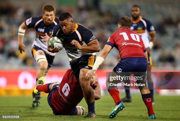 Scott Sio of the Brumbies runs the ball during the round 8 Super Rugby match between the Brumbies and the Reds at University of Canberra Oval on...