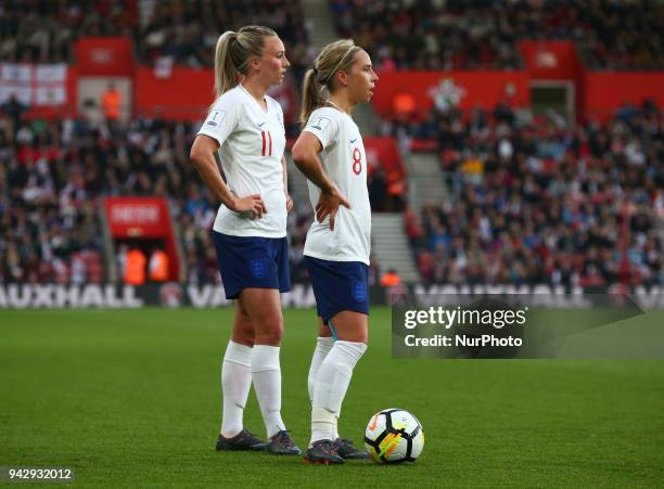 Toni Duggan of England Women and Jordan Nobbs of England Women during 2019 FIFA Women's World Cup Group 1 qualifier match between England and Wales...