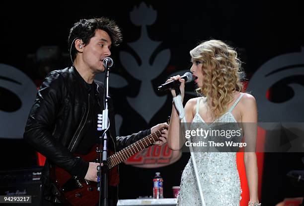 John Mayer and Taylor Swift perform onstage during Z100's Jingle Ball 2009 presented by H&M at Madison Square Garden on December 11, 2009 in New York...