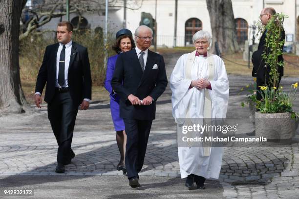 Carl XVI Gustaf of Sweden , Queen Silvia of Sweden and Archbishop Antje Jackelen attend a tribute to victims of Stockholm terrorist attack on the...