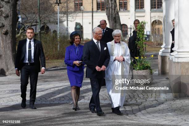 Carl XVI Gustaf of Sweden , Queen Silvia of Sweden and Archbishop Antje Jackelen attend a tribute to victims of Stockholm terrorist attack on the...
