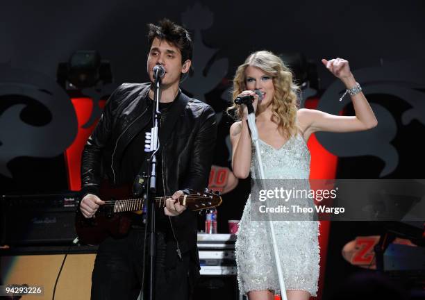 John Mayer and Taylor Swift perform onstage during Z100's Jingle Ball 2009 presented by H&M at Madison Square Garden on December 11, 2009 in New York...